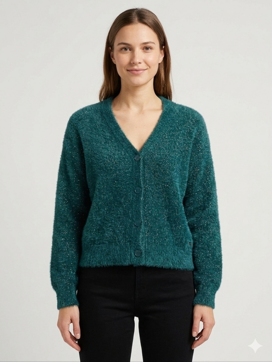 Mexx Sweaters - Mexx Emerald Green Metallic Eyelash Knit Cardigan S Holiday Soft Cozy Jewel Tone